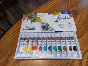 Strokes Acrylic Color Box - 12ml Paint Tubes, 12 Shades New! - Picture 1 of 9