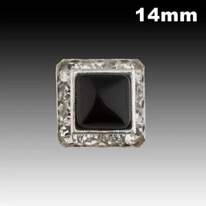 Bottone vintage in metallo quadrato argento con cabochon nero e strass 14 mm 40021012 - Foto 1 di 2