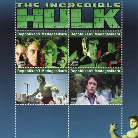 Madagascar Superheroes Stamps 2021 CTO Incredible Hulk TV Series 4v M/S Cover