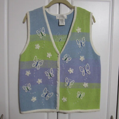 Chaleco tejido Mandal Bay vintage talla mediana mariposas con cuentas verde/azul/púrpura Foto 1 de 4