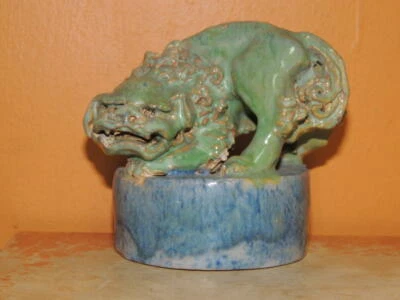 Zócalo Chino Barro Chi-lin 3.75" Verde Azul Foo León Perro Mudman Antiguo Hombre Barro Foto 1 de 4