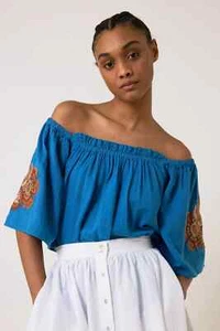 Leon & Harper CLOWD BRODE SHIRT Floral Embroidered Off The Shoulder Top L NEW - Picture 1 of 9