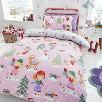 HLC Girls Festive Christmas Tree Sausage Dog Pink Reversible Duvet Cover Set - Image 1 of 4
