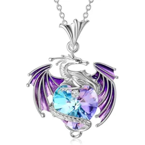 DRAGON HOLDING HEART purple rhinestone charm pendant necklace, DnD TTRPG gift - Picture 1 of 3