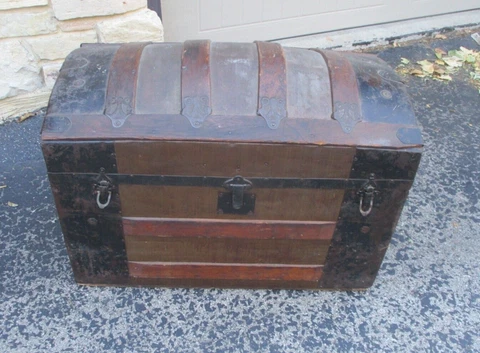 Antique Victorian Dome Camel Humpback Top Wood & Metal Steamer Chest Trunk Cover