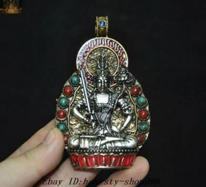 3,4" alter tibetischer Tempel Silber vergoldet Edelstein halten Schwert Tara Statue Amulett Anhänger - Bild 1 von 6