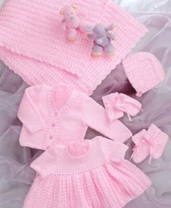 Knitted Dress Cardigan Hat Mittens Bootees & Shawl copy Prem to 12 months 8 ply - Picture 1 of 3