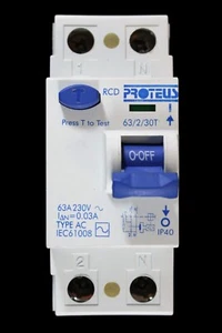 PROTEUS 63 AMP 30mA DOUBLE POLE RCD TYPE AC 63/2/30T BLUE - Picture 1 of 6