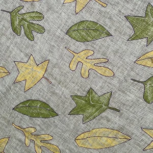 Sheer Gauze Fabric 1.25 yd 58 Wide wYellow Green Leaves on Gray Medium Weight - Picture 1 of 7