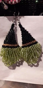 Witches Hat & Hair Earrings Halloween Novelty Jewelry Black Green - Picture 1 of 1
