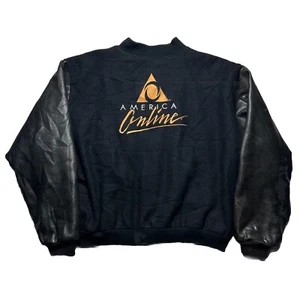 VTG America Online AOL 90s Employee Varsity Leather Wool Jacket Black Sz XXL Y2K - Picture 1 of 12