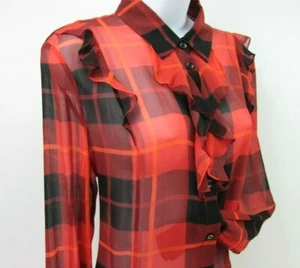 Blusa de gasa de seda a cuadros Kate Spade talla 10 roja negra con volantes semitransparentes SRP $278 - Imagen 1 de 12