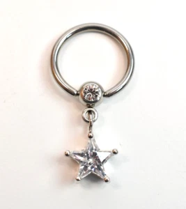 Single 14G Rhinestone Star Nipple Ring Hoop Earring Surgical Steel Ear Gauge - Picture 1 of 2