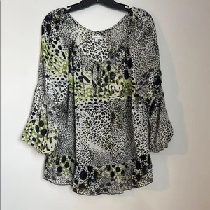 Dressbarn Bluse blau grün transparent Glockenärmel Größe L - Bild 1 von 8