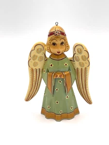 Polnische handbemalte Holz Engel Figur Volkskunst signiert grünes Kleid - Bild 1 von 5