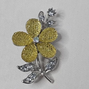 Vintage Brosche silberfarben Blume gelblich klar Strass unbeschriftet Schmuck - Bild 1 von 6