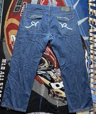 Vintage Rocawear Jeans Y2K Denim Baggy Wide Leg Blue Embroidered Pockets 44x33 - Image 1 of 4