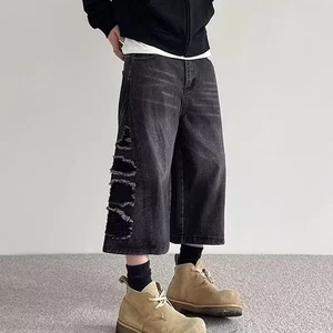 Stylish Ripped Wide Leg Jeans for Men Loose Straight Casual Cropped Pants - Picture 1 of 36