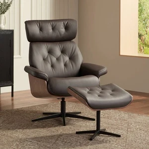 Melia Chocolate Tufted Faux Leather Swivel Recliner and Slanted Ottoman - Picture 1 of 10