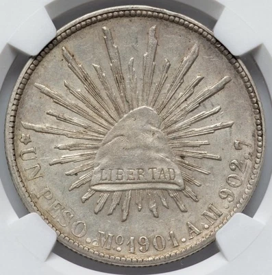 MÉXICO 1901 AD, PLATA Peso 8R Moneda Revolución Mexicana, Porfirio Díaz, NGC AU Foto 1 de 4