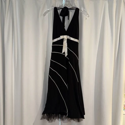 Love Tease Juniors Sz. M halter Black Dress. White Bow at Bodice. Fully lined. - Image 1 of 4