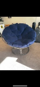Papasan Chair with Blue Round Fabric Pillow Cushion and Cream Wicker Weave - Picture 1 of 3