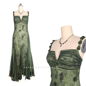 Vintage Scala Prom Dress Maxi Gown Xl Green Silk Y2K Fairy Bead Whimsical Forest - Picture 1 of 16