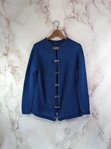 Handmade Alpaca Wool Sweater Women Medium Blue Cardigan Tribal Boho Mandarin - Picture 1 of 11