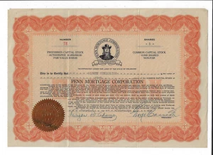 PENNSYLVANIA 1926 Penn Mortgage Corporation Aktienzertifikat #78 Philadelphia - Bild 1 von 2