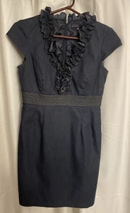Sandra Darren Dress Womens 6 Denim Ruffled Neck Lined Zip V Neck Blue Jean - Picture 1 of 16