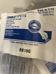 KIMBLE 5mL Glass Disposable Graduated Serological Pipet Plugged Sterile 50/5x10 - Picture 1 of 3