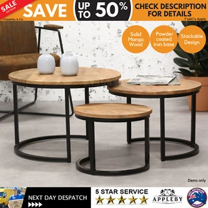 3 Pcs Wooden Side Tables Rough Industrial Design Coffee End Nested Table Set - Picture 1 of 11