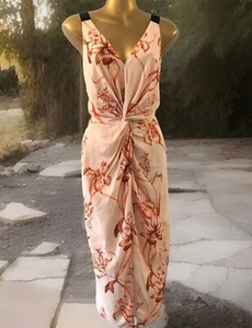 DEBUT DEBENHAMS womens peach botanical twist front occasion midi dress size 14 - Picture 1 of 22