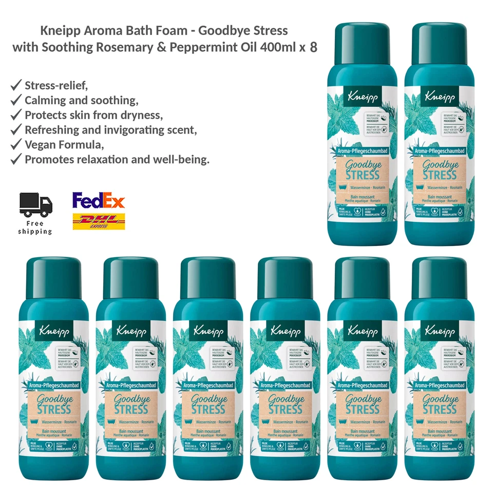 Espuma de baño vegana Kneipp Goodbye Stress con aceite relajante de menta 8x400 ml Foto 1 de 3