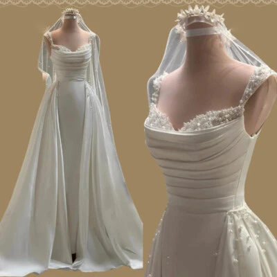 Шикарные атласные свадебные платья с жемчугом со съемным шлейфом свадебные платья - Изображение 1 из 4