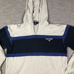 VTG Polo Sport Ralph Lauren Hoodie Mens L Gray Blue Stripe Pullover T Shirt Knit - Picture 1 of 14