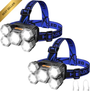 2 Pcs Rechargeable Headlamp - High Lumens Bright LED Headlight - Waterproof USB - Picture 1 of 12