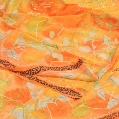 Sanskriti Vintage Yellow Sarees 100% Pure Crepe Silk Printed Sari Craft Fabric - Image 1 of 4