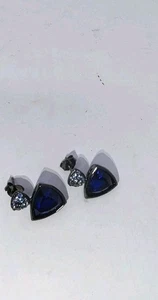 Blue Spinel Gemstones Earrings Sterling .925 Marcasite Studs - Picture 1 of 4