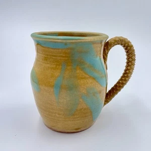 Handmade Thrown Pottery Coffee Mug Tan And Turquoise With Patterned Grip Handle - Picture 1 of 8