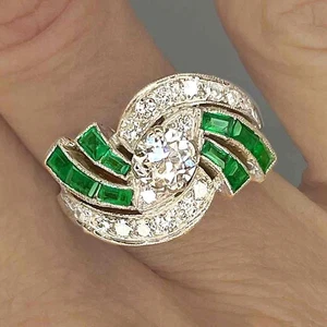 OOAK Antique Colombian Emerald OEC Diamond Ring Art Deco Platinum Engagement - Picture 1 of 11