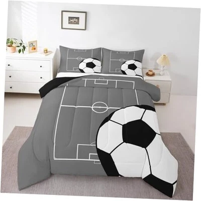  Conjunto de roupa de cama de futebol tamanho infantil conjunto de edredom para solteiro preto branco cinza - Imagem 1 de 4