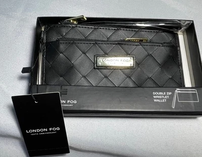 London Fog Danica Tejido Doble Cremallera Muñequera Organizador Cartera Tejido Negro Nuevo con Etiquetas Foto 1 de 4