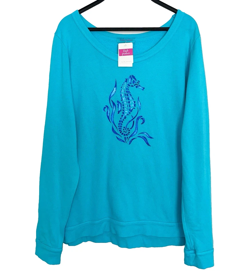 Nuevo NUEVO CON ETIQUETAS FRESH PRODUCE Mujer XL Sudadera Pullover SEAHORSE Azul Aqua Costa Foto 1 de 4
