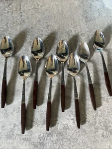 Interpur INR2 8 Teaspoons Wood Look Handle 7" Stainless Vintage Japan MCM - Picture 1 of 11