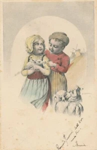 Kratki signiertes Mädchen hält Hase, Junge und Lämmer - udb (vor 1908) - Bild 1 von 2