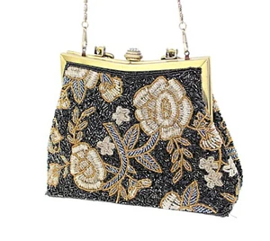 Heavily Beaded Formal Purse Top Handle w Long Crossbody Chain Rhinestone Clasp - Picture 1 of 9