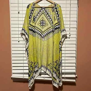 Soft Surroundings Neon Yellow and Blue accent Open Front Boho Kimono - Picture 1 of 7