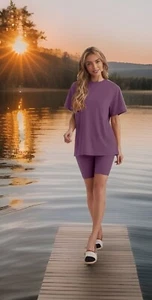 Casual Short Set Easy Skinny Stretchy Fit Purple Round Neck Shirt Medium - Picture 1 of 3