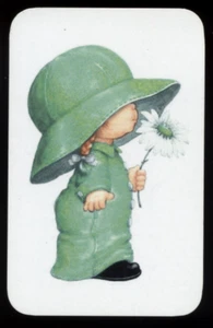 MODERN BLANK BACK SWAP CARD SWEET GIRL GREEN OUTFIT LARGE SHADE HAT HOLDS FLOWER - Picture 1 of 1